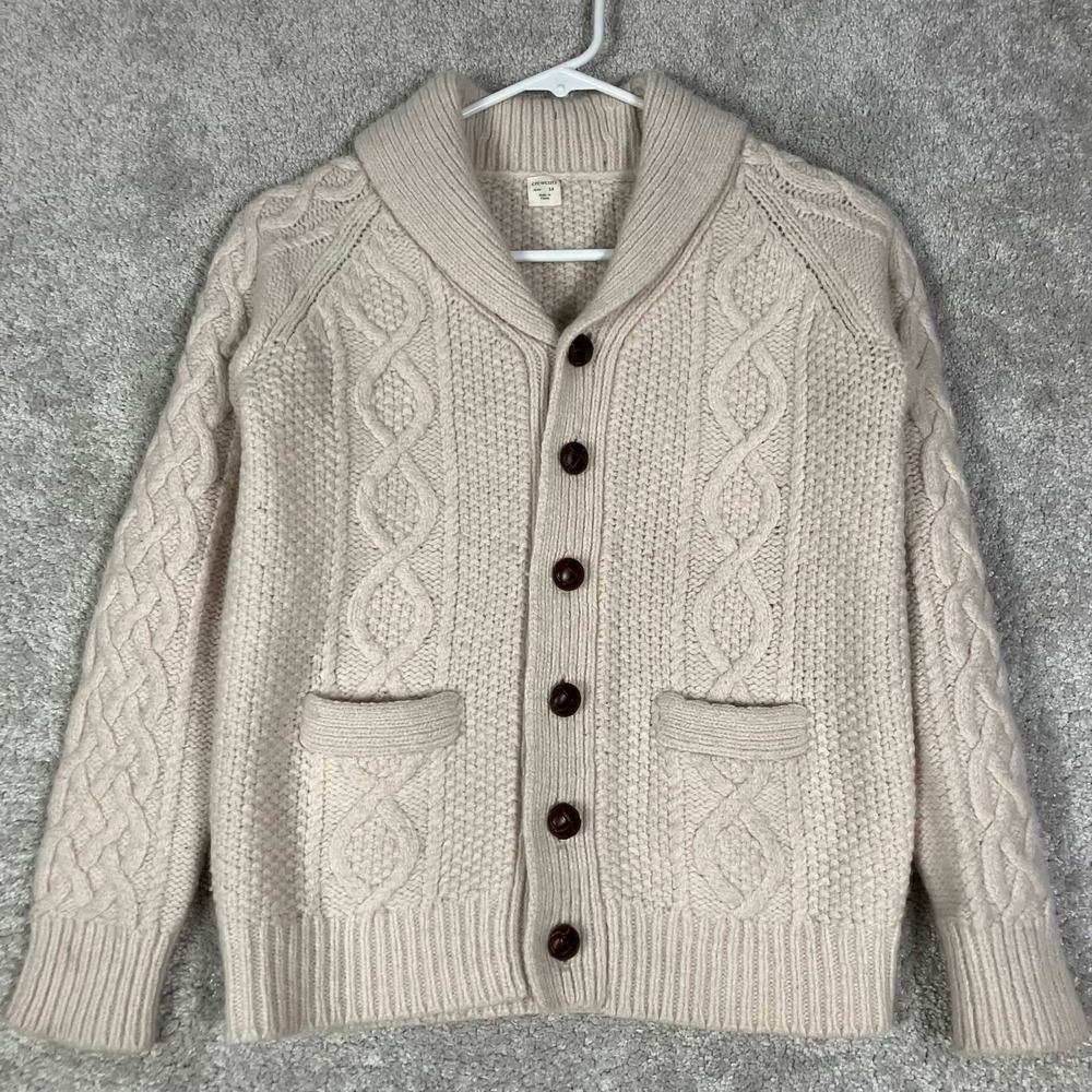 J Crew Crewcuts Cardigan Sweater Boys 14 Cream Cable Knit Collar Lambs Wool